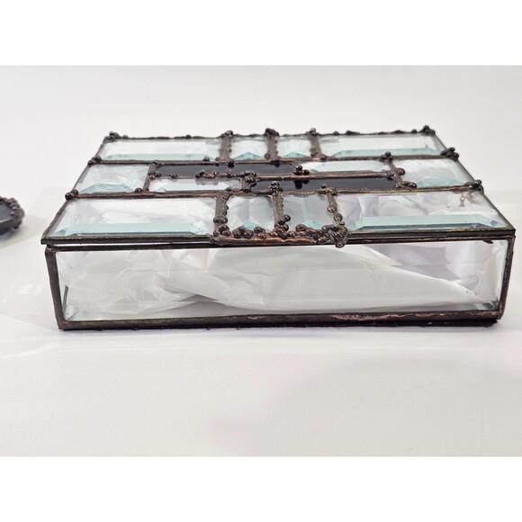 Antique Stained Glass Handmade Mirror Trinket Jewelry Box Vanity Set Art Deco - Picture 8 of 15